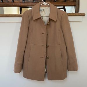 Tan JCREW Wool coat with beautiful purple lining